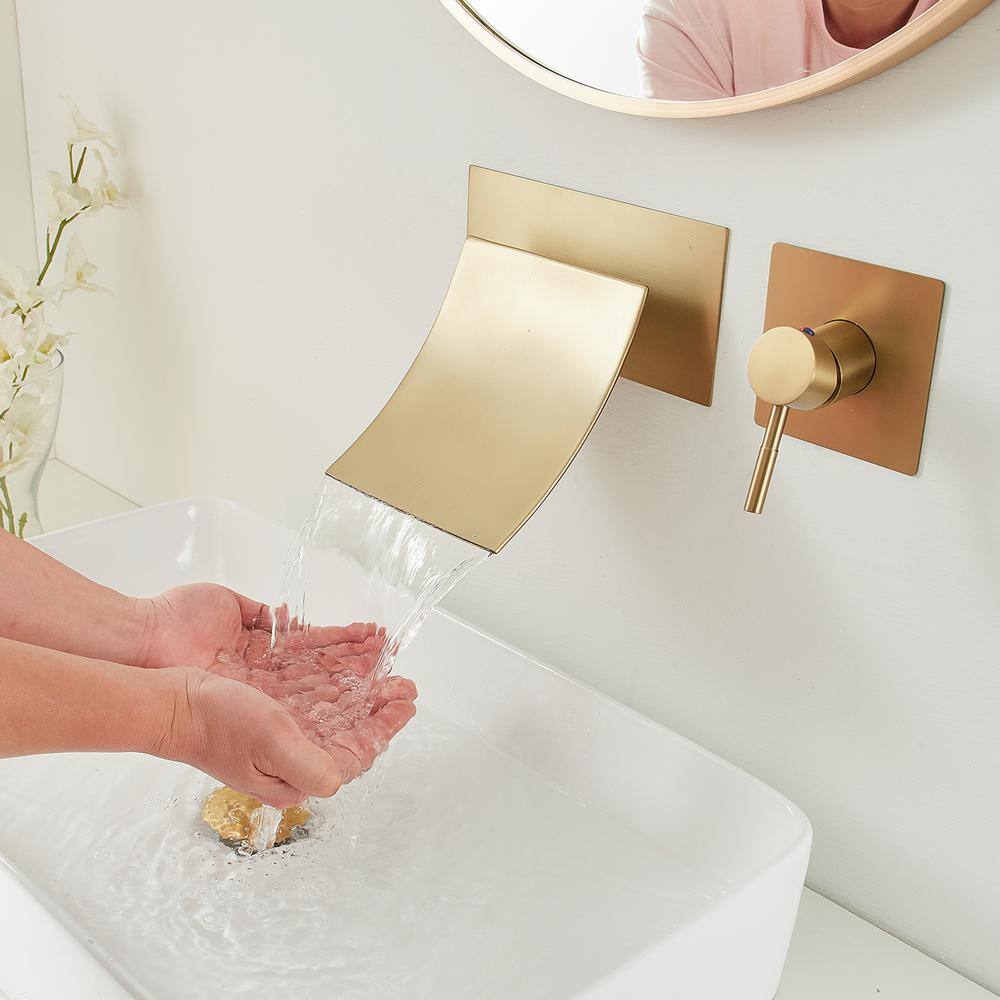 BWE Single Handle Wall Mount Spout Waterfall Bathroom Faucet in Brushed Gold A-93007-BG