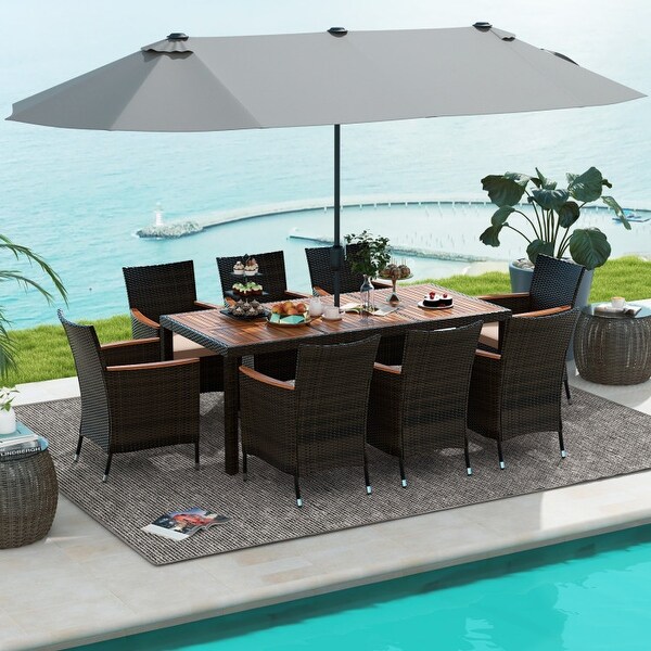 9 Piece Outdoor Dining Set with 15 Feet DoubleSided Twin Patio Umbrella