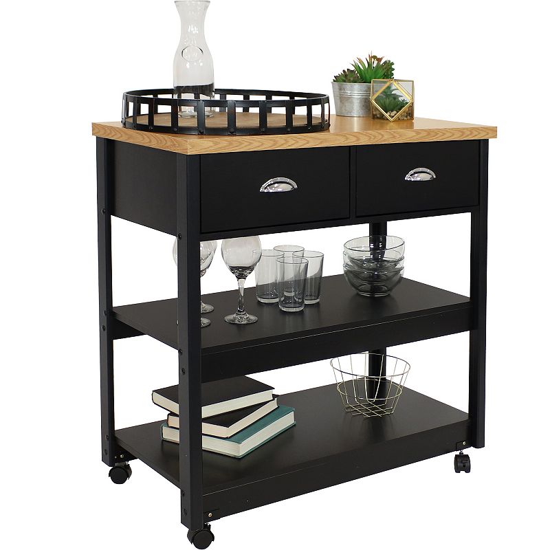 Sunnydaze Farmhouse Kitchen Cart with Drawers and Shelves - Black - 34.25in