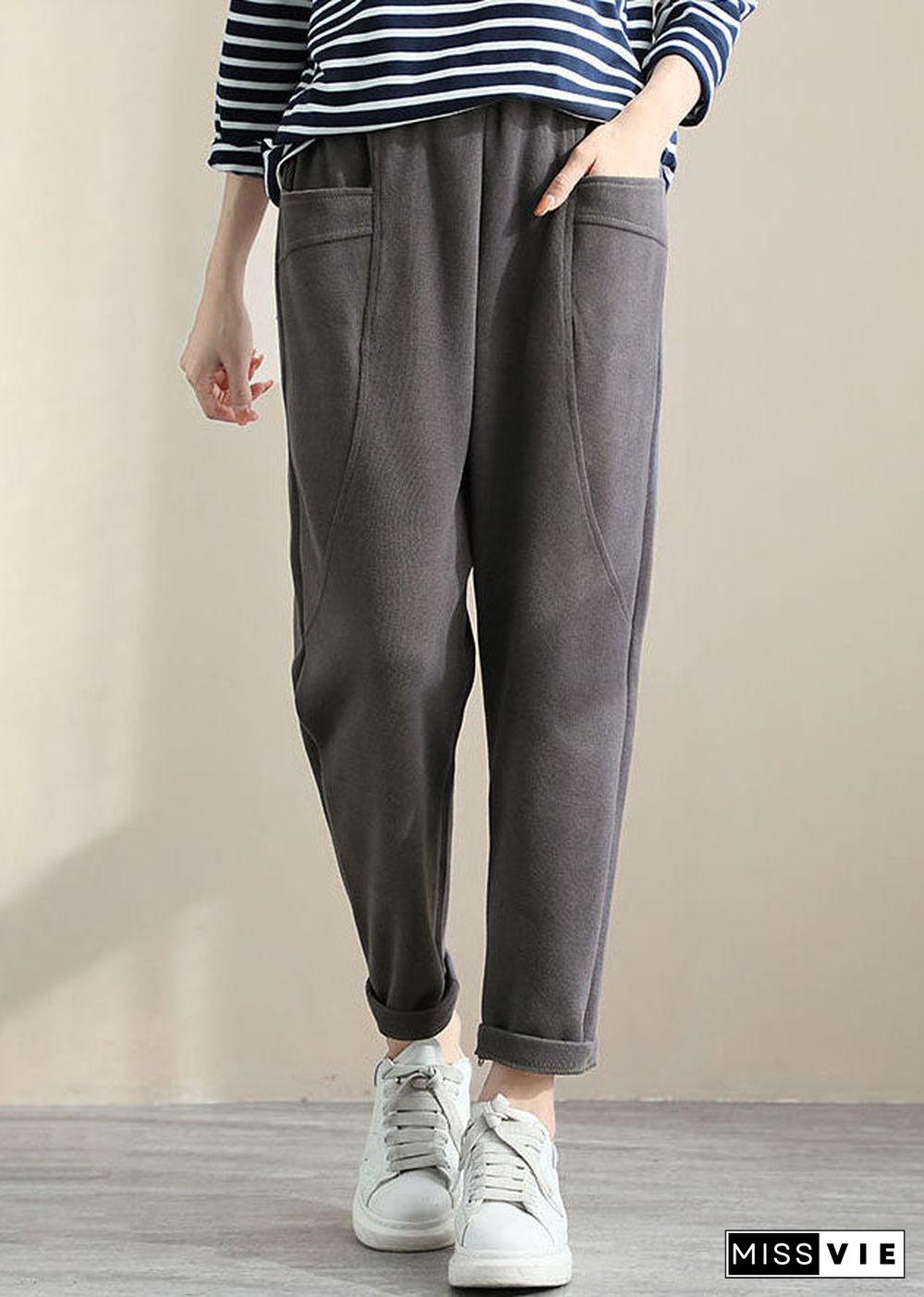 Vintage Grey High Waist Pockets Cotton Crop Pants Spring