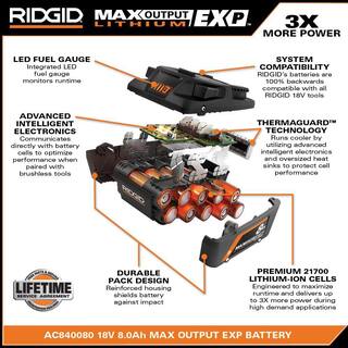 RIDGID 18V 8.0 Ah MAX Output EXP Lithium-Ion Battery with 6.0 Ah 4.0 Ah and 2.0 Ah MAX Output Batteries AC840080-AC840060-AC840040-AC840020