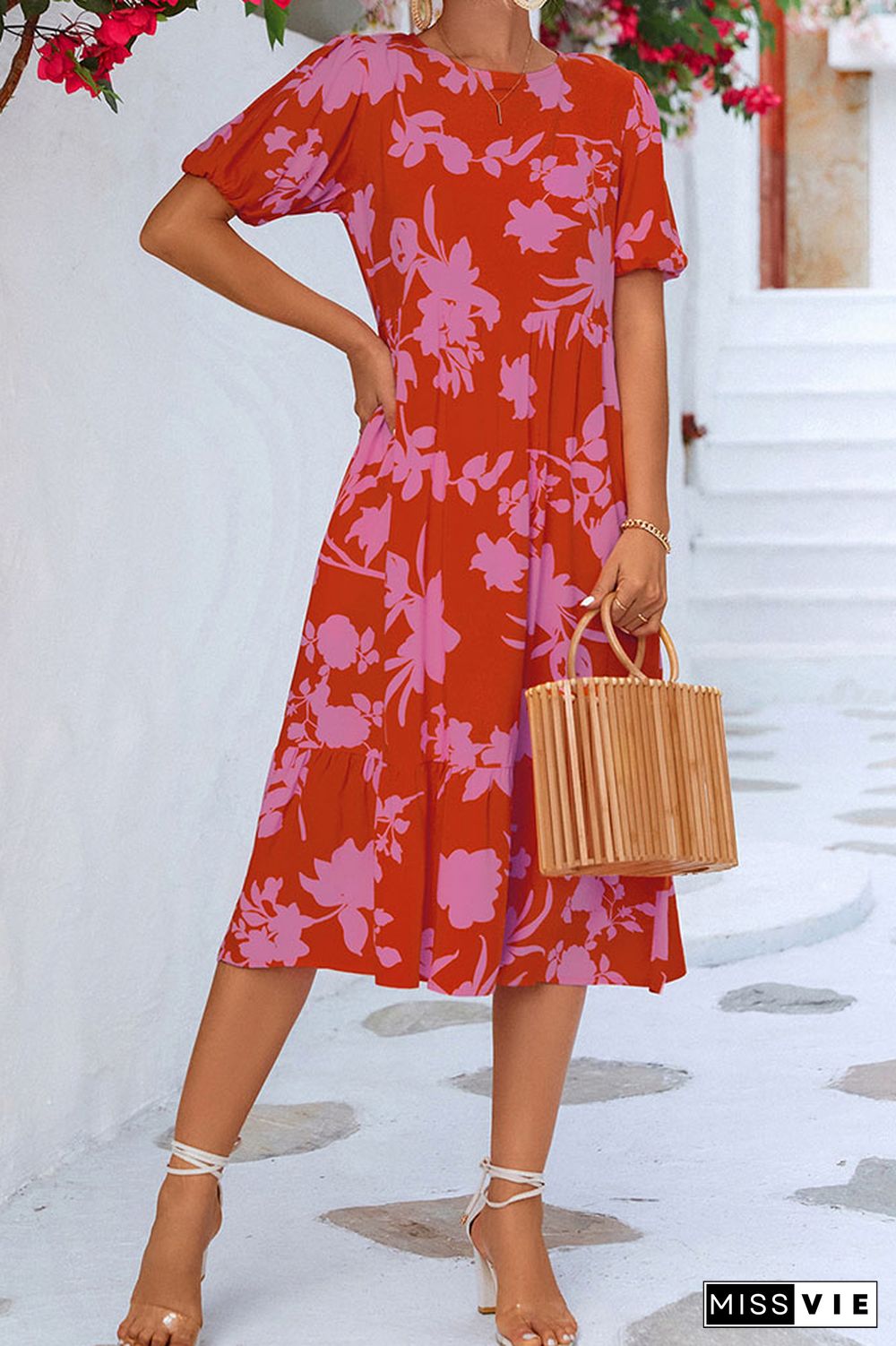 Round Neck Pleated Floral Midi Dress