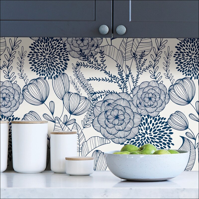 Navy/ White Secret Garden Floral Pattern Peel and Stick Wallpaper   216in x 20.5in x 0.025in