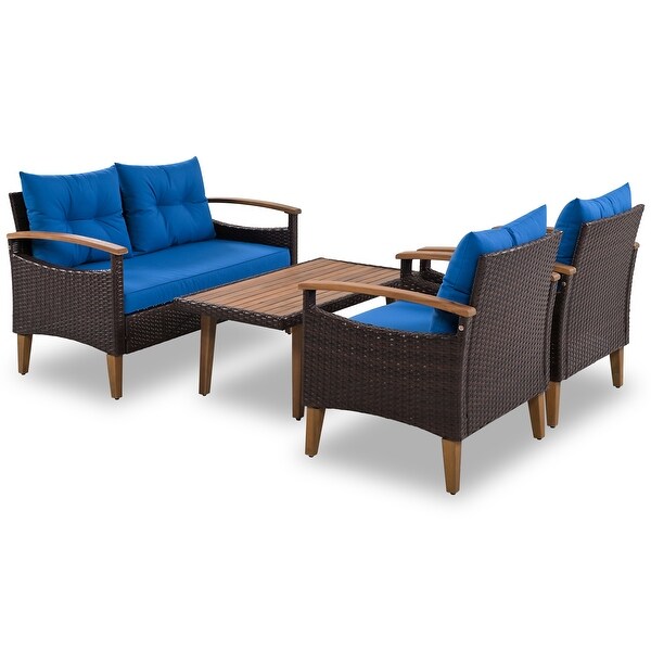 4-Piece Garden Furniture， Patio Conversation Sets， PE Rattan Outdoor Sofa Seating Set with Wood Table and Adjustable Legs Design - Overstock - 37503676