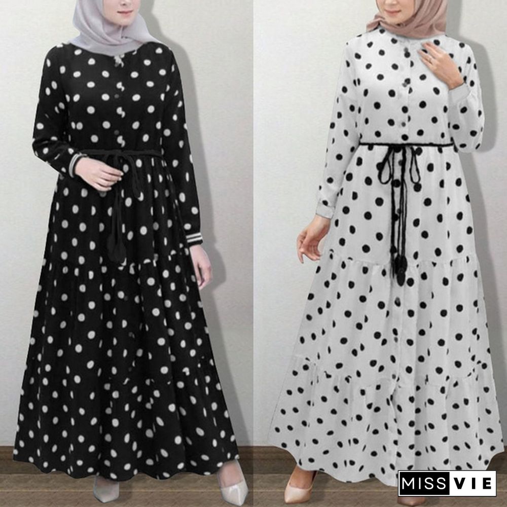 Zanzea Women Muslim Full Sleeve Polka Dots Plus Size Belted Dresses Kaftan Abaya Long Dress