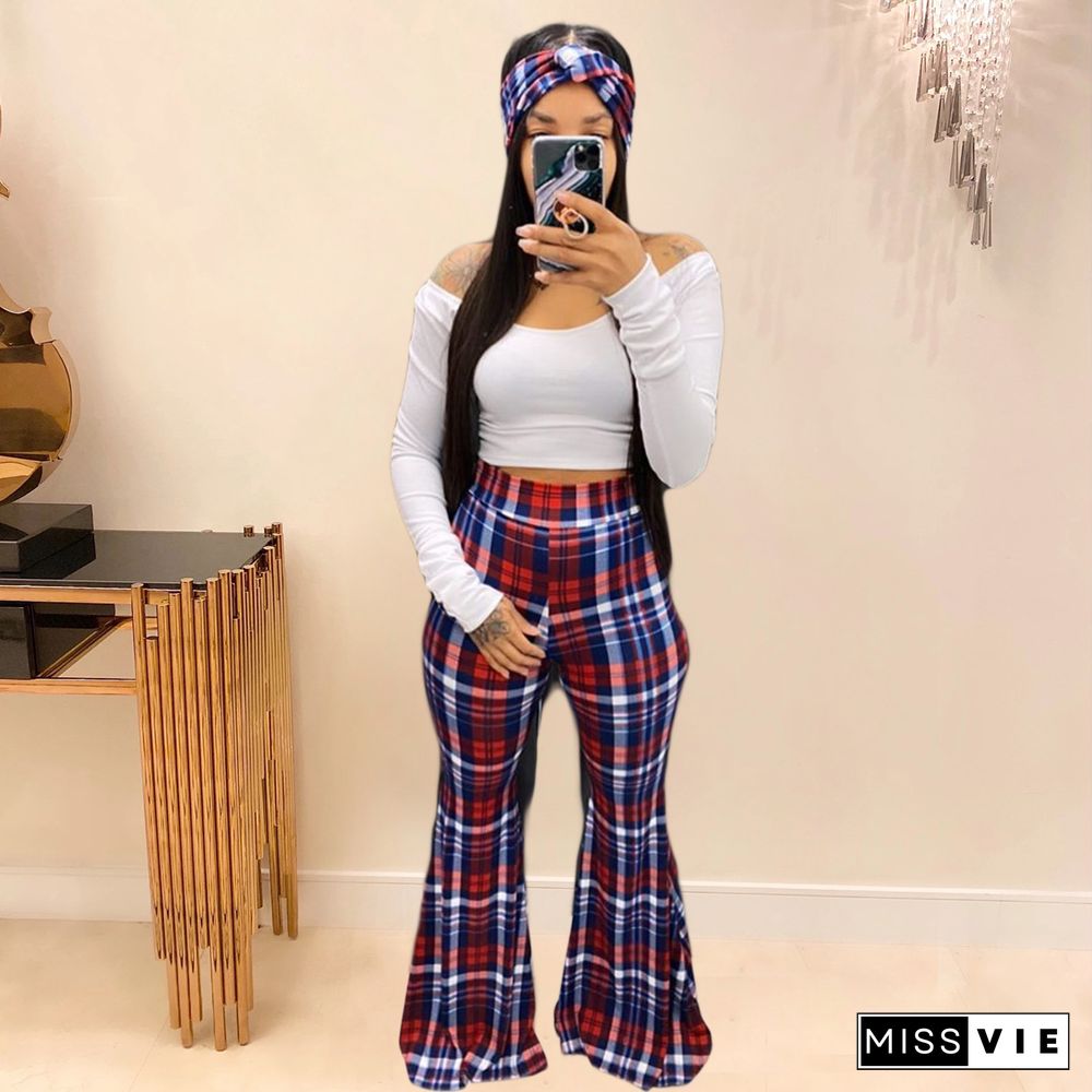 Long Sleeve T-shirt Plaid Printed Bell-Bottom Two-piece Set With Scarf