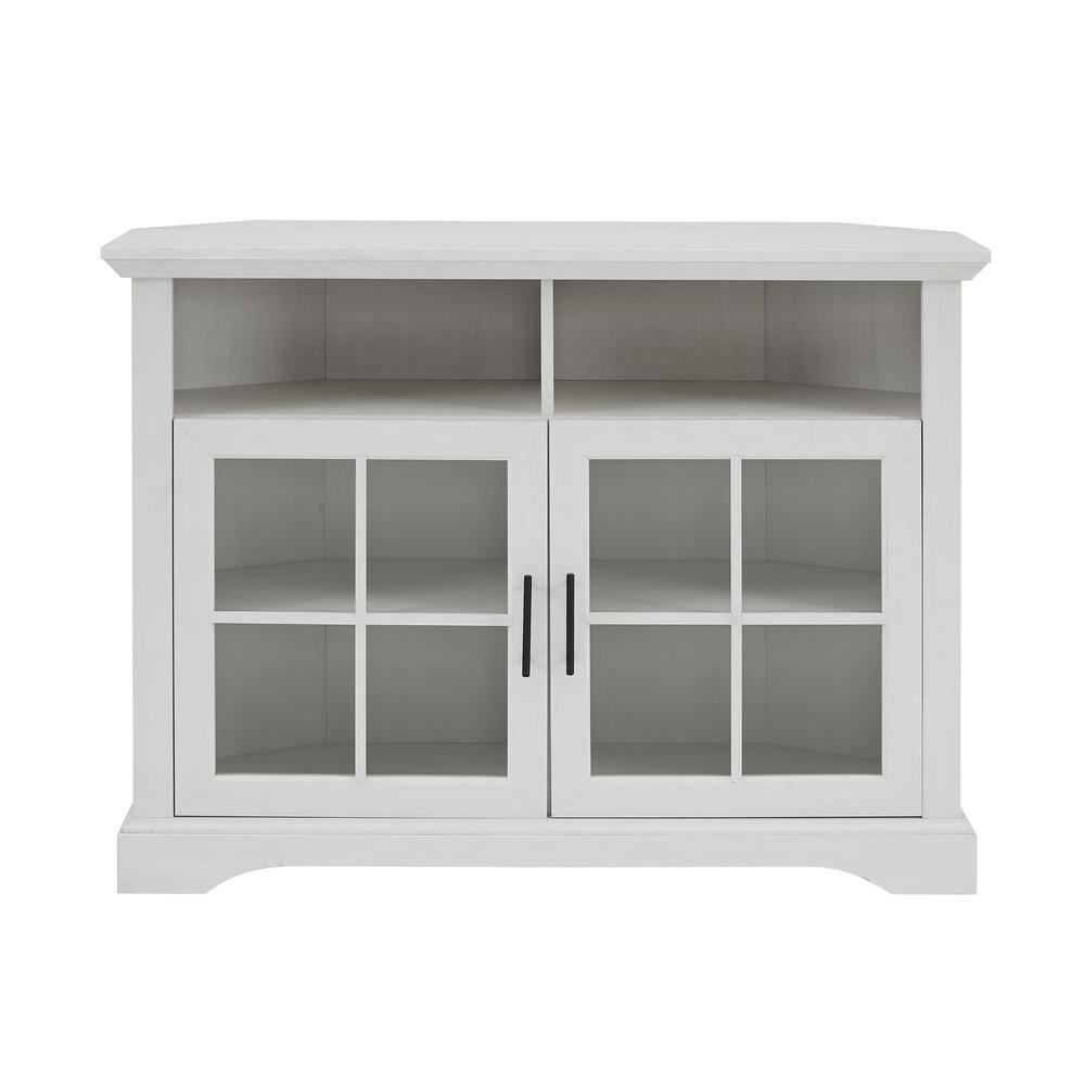 Welwick Designs 44 in. Brushed White Wood and Glass Traditional Window Pane 2-Door Tall Corner TV Stand Fits TVs up to 50 in. HD9061