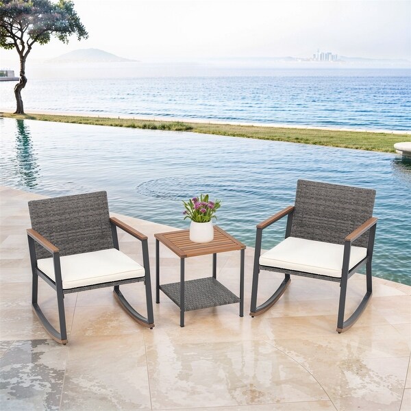 3 Pieces Rocking Wicker Bistro Set，Patio Outdoor Furniture Conversation Sets with Porch Chairs and Glass Coffee Table