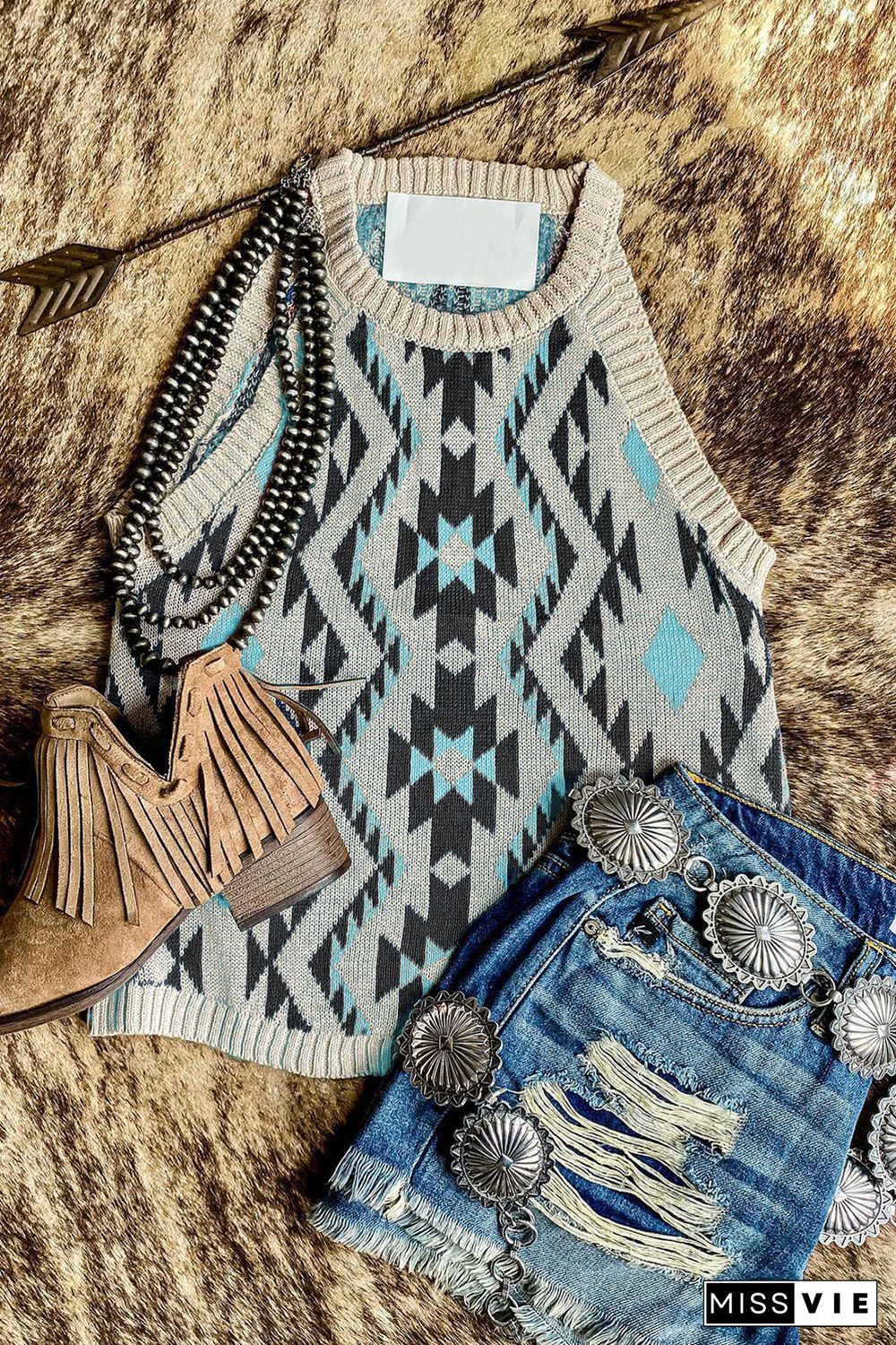 Black Aztec Geometric Print Knitted Tank Top