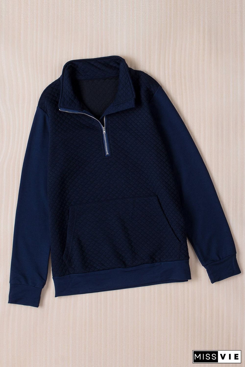 Navy Stand Neck Waffle Zip Up Sweatshirt