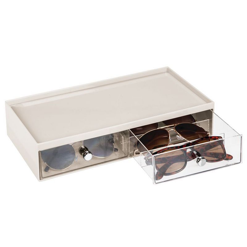 mDesign Wide Plastic Stackable Glasses Organizer Box with 2 Drawers， White/Clear