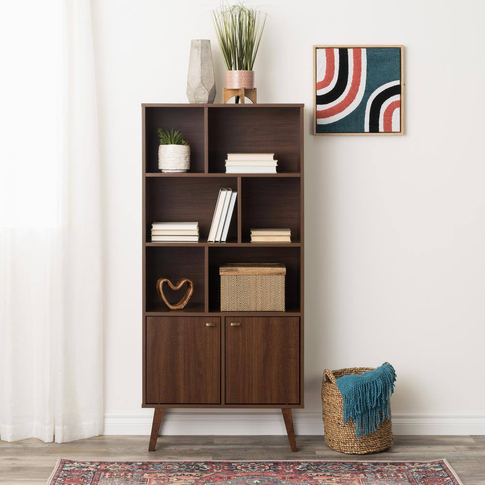 Prepac Milo Mid-Century Modern Bookcase with Inlet Shelves Two Doors and Brushed Brass-Finished Knobs Cherry CSBL-1418-1