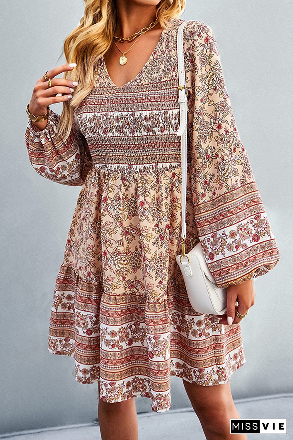 V Neck Smocked Boho Floral Long Sleeves Dress