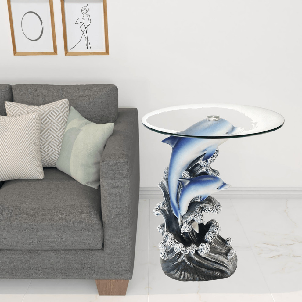 24 quotBlue And Clear Glass Polyresin Dolphins Round End Table   Beach Style   Side Tables And End Tables   by HomeRoots  Houzz