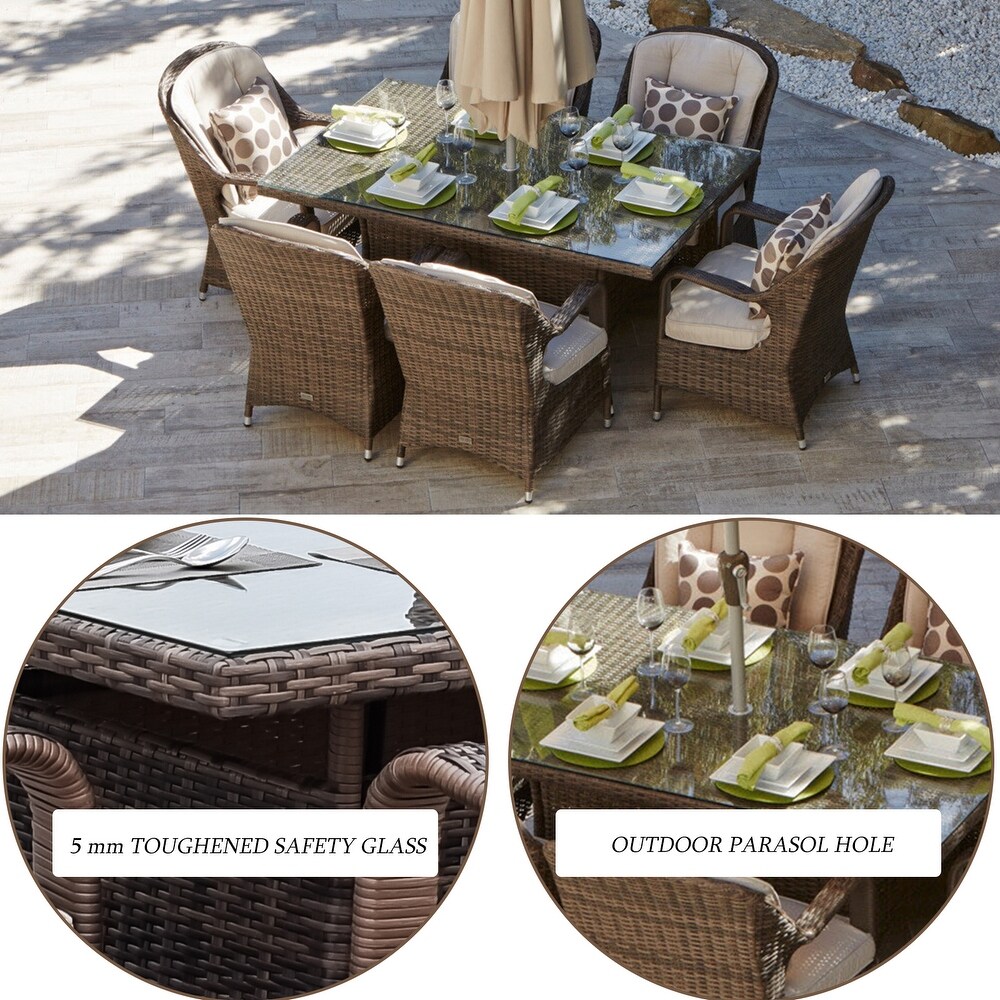 Abrihome 7 piece Outdoor Wicker Dining Table Set with 6 Eton Chairs