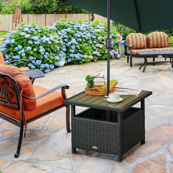 Black Square Metal 18in. H Outdoor Side Table with Steel Frame，1.75in. Umbrella Insert Hole，Sand Bag