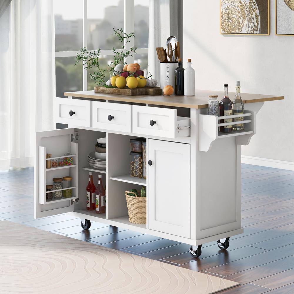 Runesay White Rubber Wood 53 in. W Kitchen Island Cart with Drop-Leaf Countertop and Cabinet Door Internal Storage Racks KIW-231