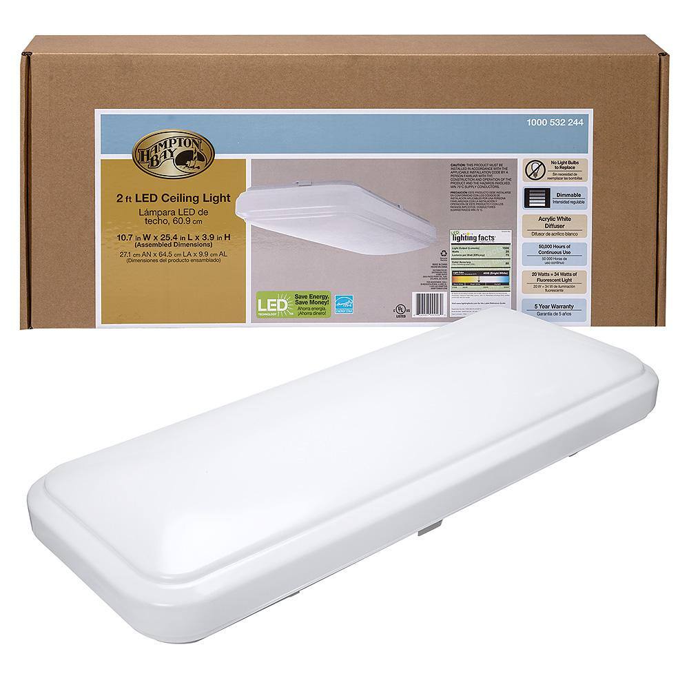 Hampton Bay 24 in. x 12 in. Classic White Rectangle LED Flush Mount Ceiling Light 4000K Bright White 1500 Lumens Dimmable 54648141