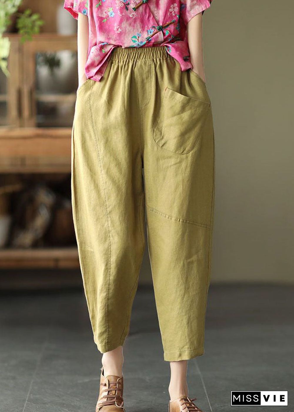 Boutique Yellow Pockets Patchwork Linen Crop Pants Summer