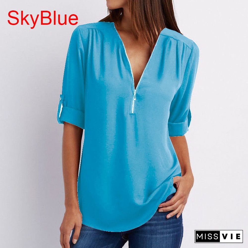 Plus Size Women's Fashion Chiffon Shirt V-neck Long Sleeve Loose Tops Zipper T-Shirt( S-4XL)