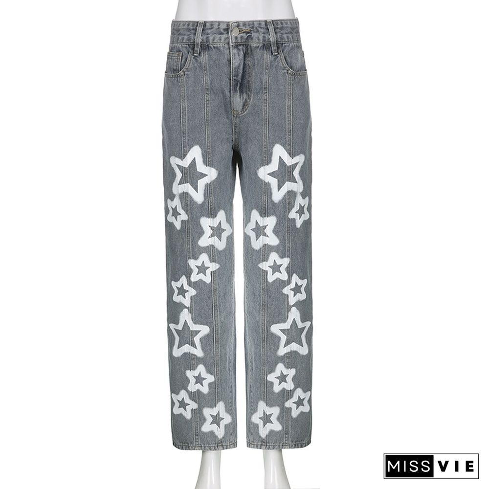 Street Pentagram Print Washed Straight Jeans