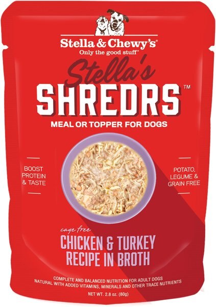 Stella and Chewy's Stella’s Shredrs Cage Free Chicken and Turkey Recipe in Broth Adult Wet Dog Food， 2.8-oz pouch， case of 24