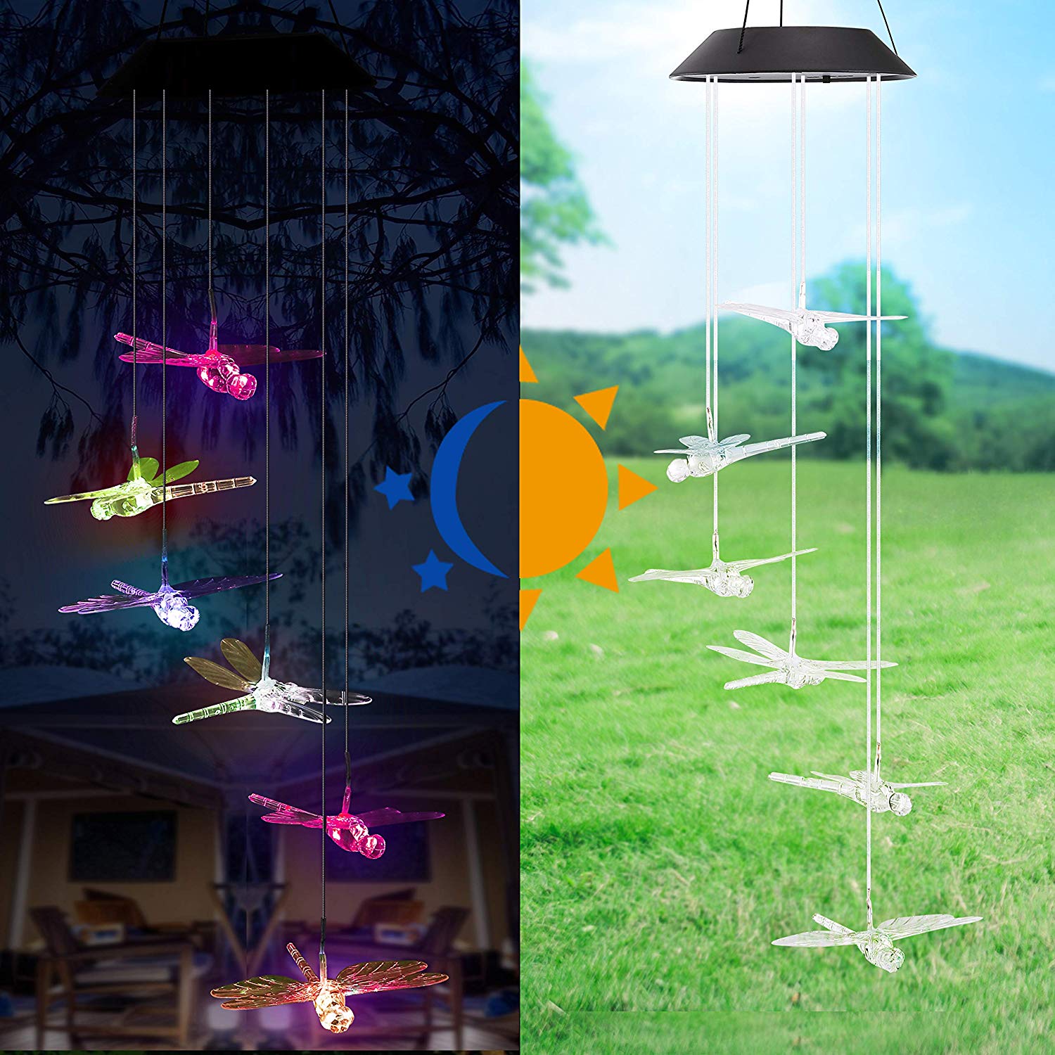 Solar Wind Chimes Outdoor， Waterproof Solar Dragonfly Wind Chimes Color Changing LED Solar Powered Mobile Wind Chime， Hanging Decorative Romantic Patio Lights for Yard Garden Home Party