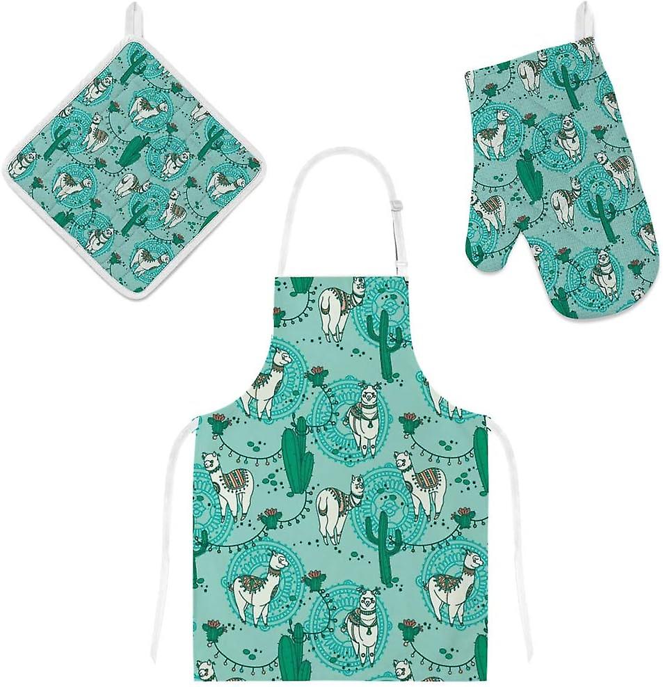 Insulation Kitchen Oven Mitts Potholder Apron 3pcs Set Alpaca In Boho Style And Cactus Non Slip Heat Resistant Gloves For Baking Cooking Bbq