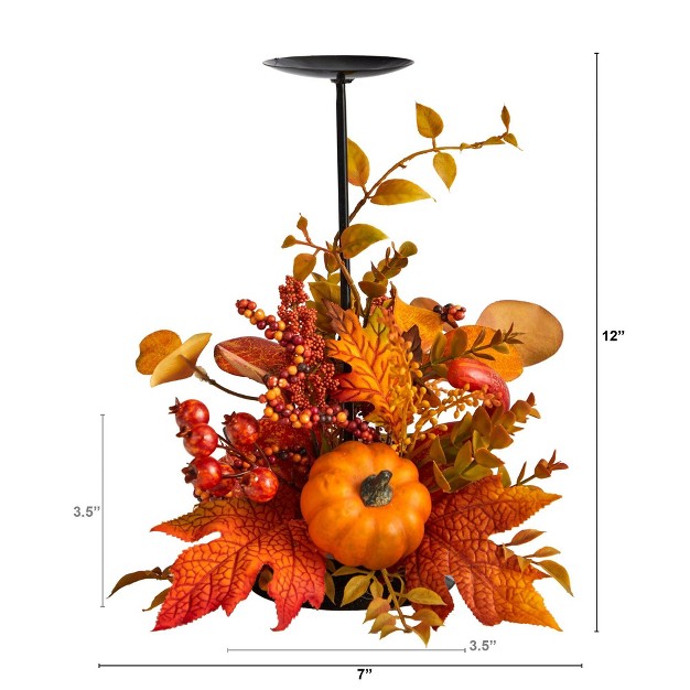 Nearly Natural 12 in Fall Maple Leaves Berries And Pumpkin Autumn Harvest Candle Holder