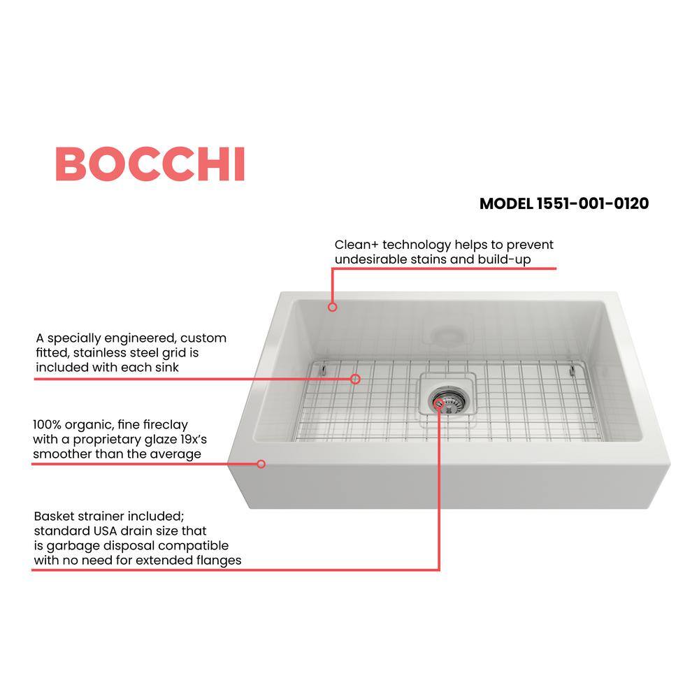 BOCCHI Nuova Pro 34 in. Short Apron Drop-InUndermount Single Bowl White Fireclay Kitchen Sink with Grid in. Strainer 1551-001-0120