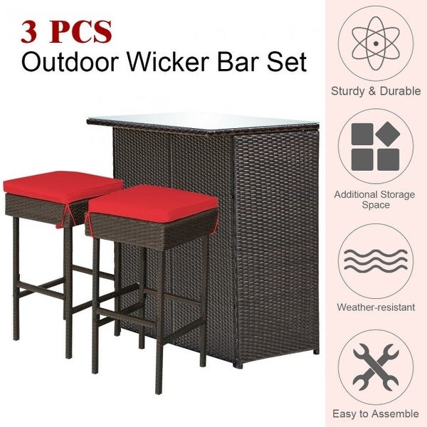 3-piece Rattan Wicker Bar Table Stools Dining Set Cushioned Chairs - 40