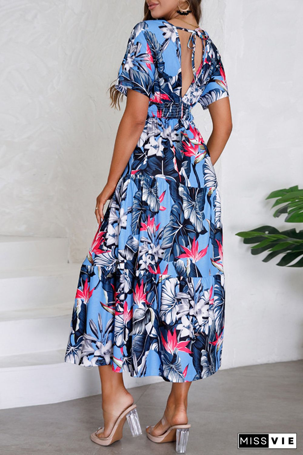 V Neck Short Sleeves Floral Print Dress