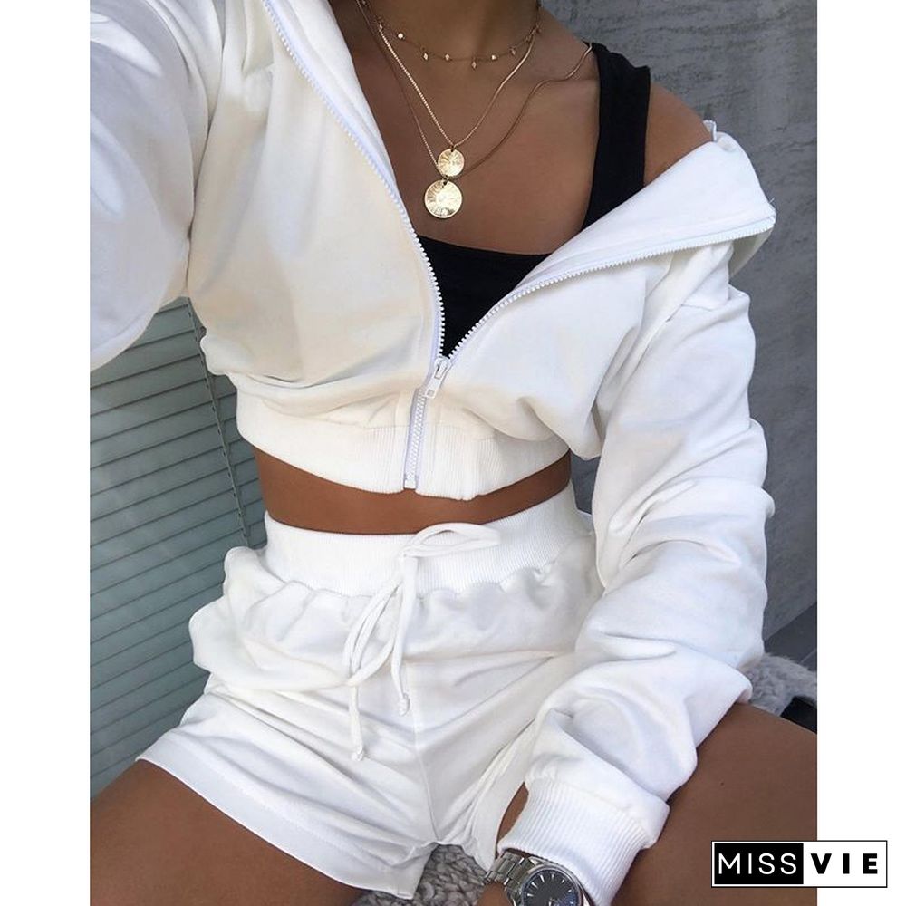 Women Autumn Sexy Solid Outfits New Hooded Zipper Long Sleeve Short Sweatshirts + Sports Shorts Suits Casual Tracksuits 2Pcs Set