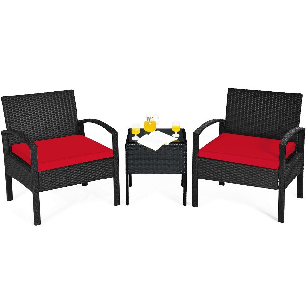 Tangkula 3 Pieces Patio Set Outdoor Wicker Rattan Furniture W Cushions Red