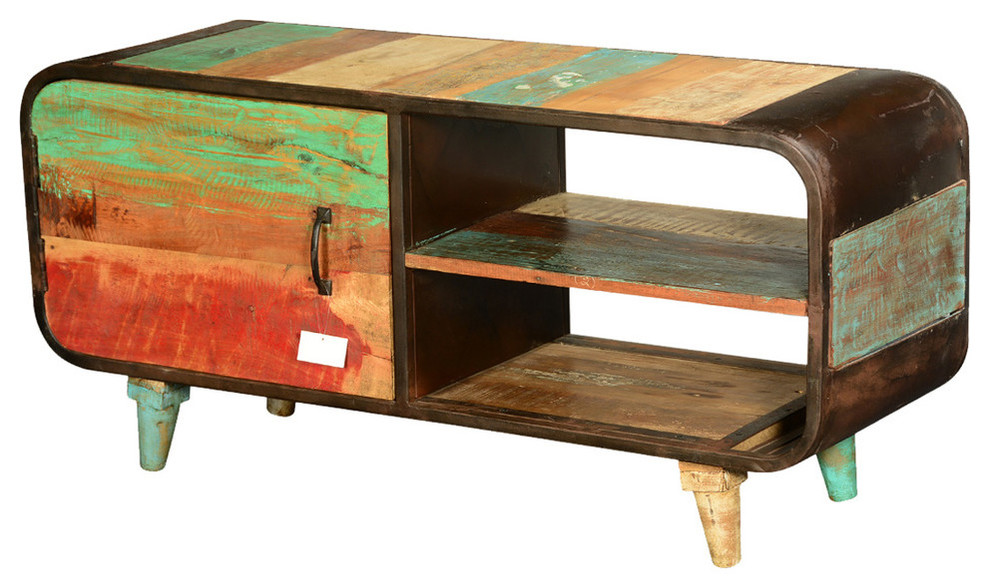 Retro Rainbow Reclaimed Wood  ampIron TV Console Media Cabinet   Midcentury   Entertainment Centers And Tv Stands   by Sierra Living Concepts Inc  Houzz