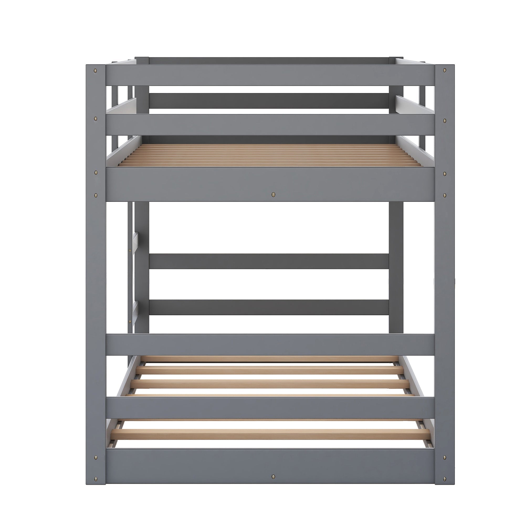 Bellemave Low Twin Over Twin Bunk Beds, Juniors Floor Bunk Bed with Ladder and Guardrails, Wood Twin Bunk Bed for Kids Teens Girls & Boys, Gray