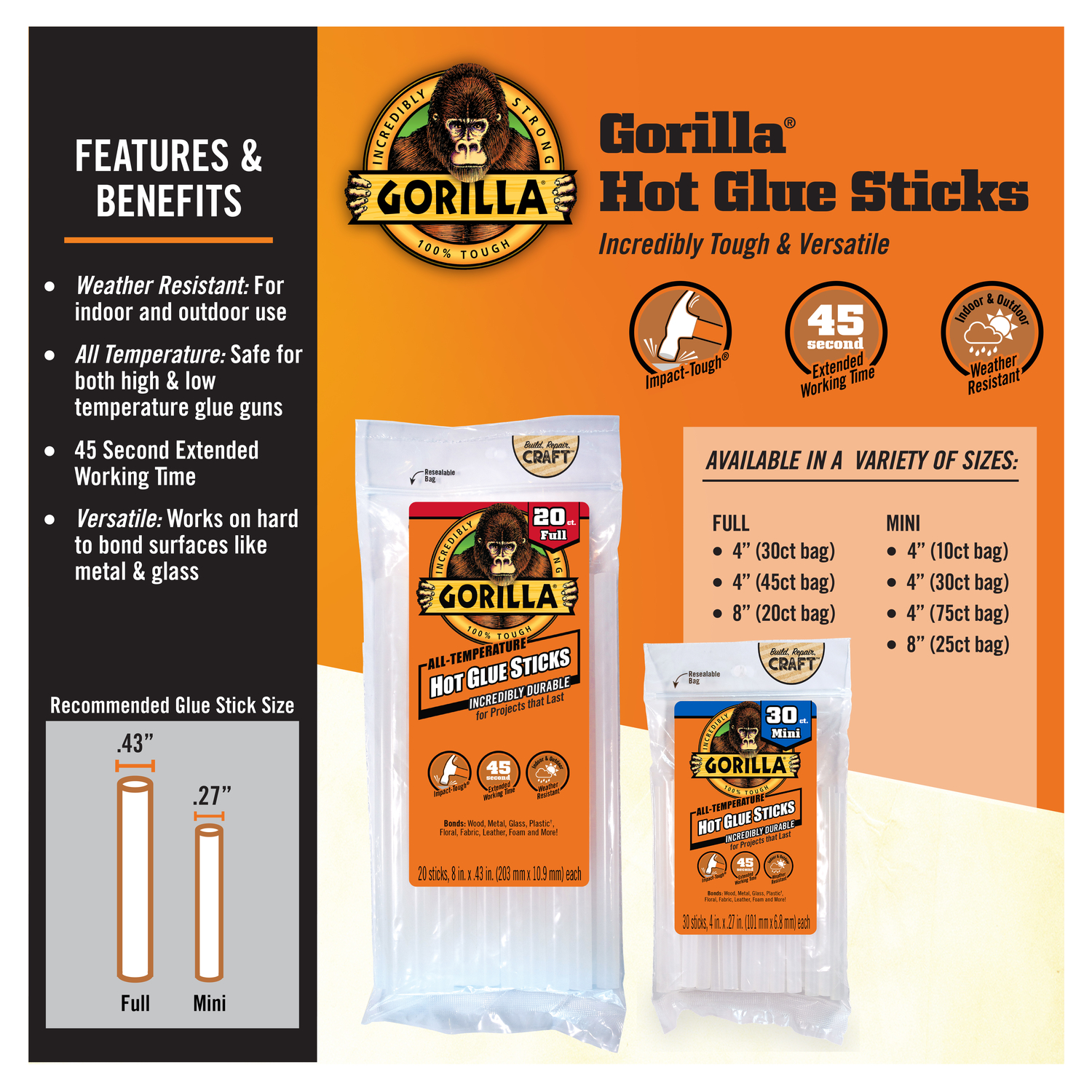 Gorilla Mini High Strength Hot Glue Sticks 25 pc