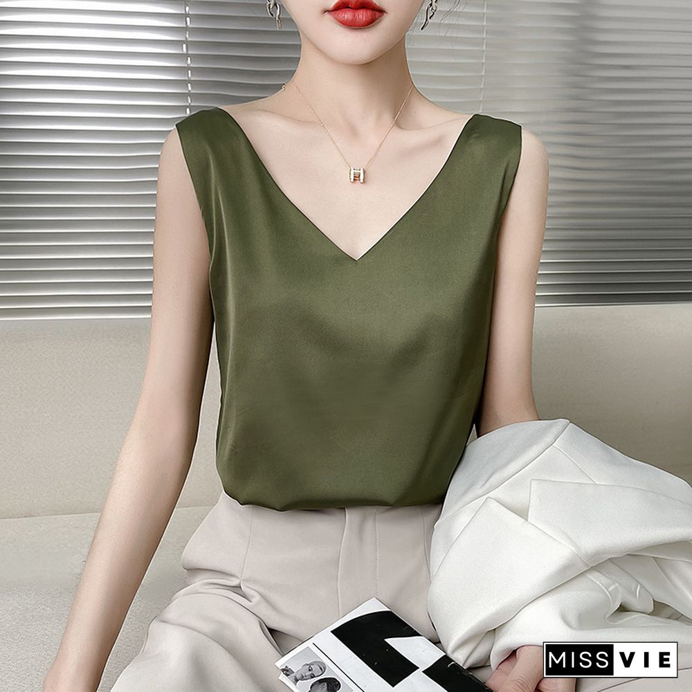 Summer V Neck Suspender Vest Female Ice Satin Silk Camisole Women Outer Wear Sleeveless Top With Small Suit Inner Base Shirt