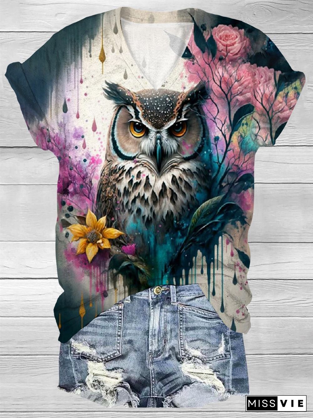 Women's Owl Art Print V-Neck T-Shirt