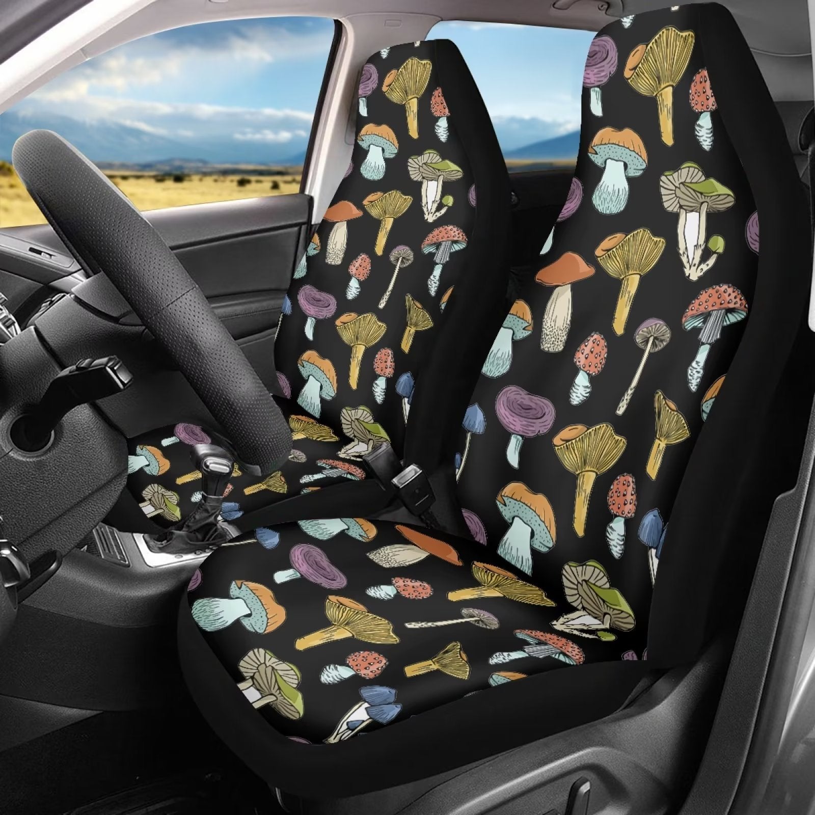 FKELYI Mushrooms Front Car Seat Covers Set of 2，Washable Front Car Seat Covers for Ladies Men，Soft Front Seat Backrest Accessories，Universal Fit for Almost Cars SUVs Trucks Vans