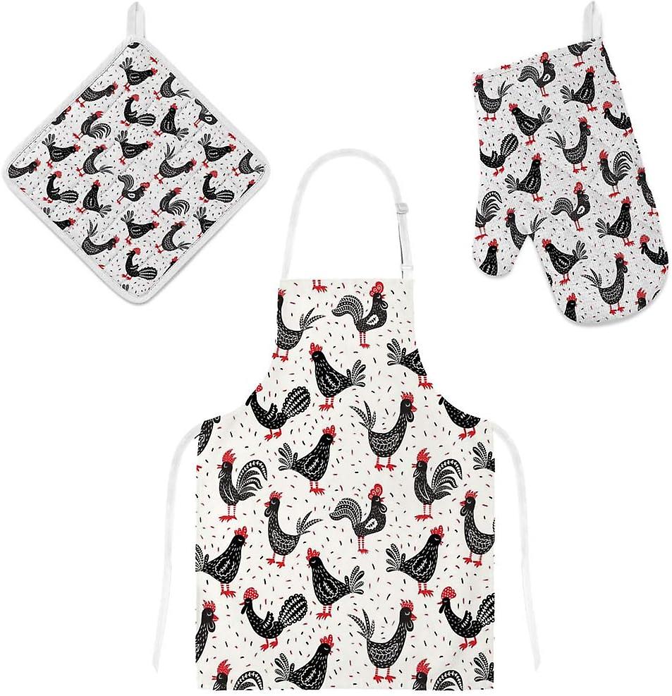 Insulation Kitchen Oven Mitts Potholder Apron 3pcs Set Roosters Non Slip Heat Resistant Gloves For Baking Cooking Bbq