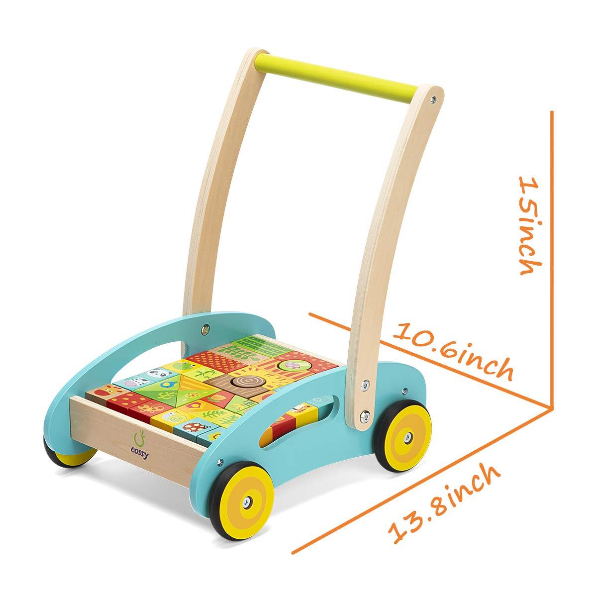 cossy Wooden Baby Learning Walker Toddler Toys for 1 Year Old Forest Theme Blocks andamp; Roll Cart Push Toy (37 Pcs) Updated Version