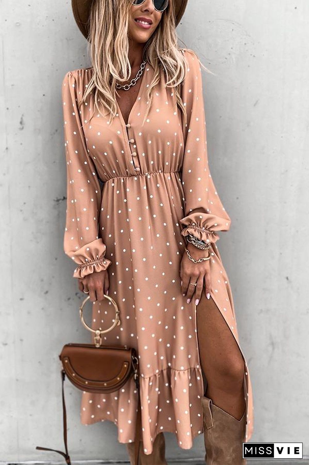 Nisha Dot Button Down Slit Midi Dress