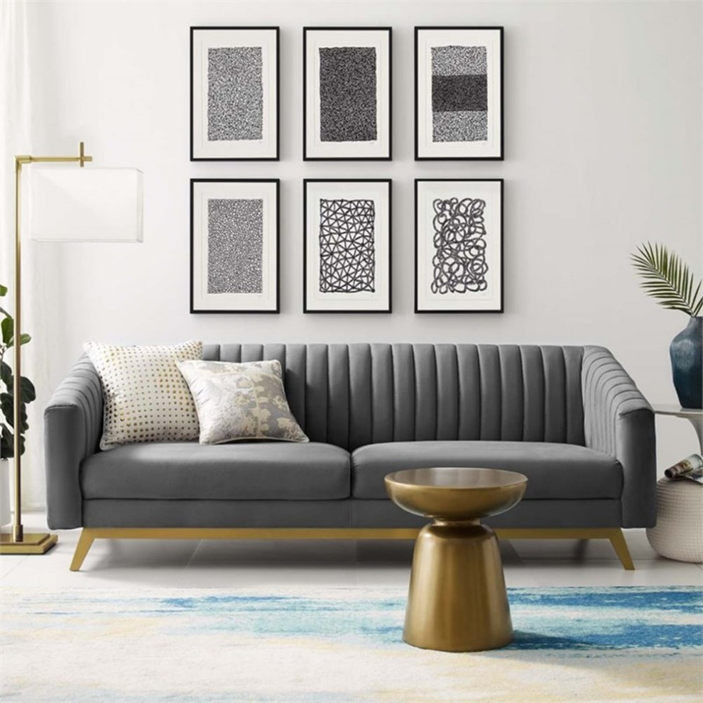 Modway Valiant Vertical Channel Tufted Performance Velvet Sofa in Gray   Midcentury   Sofas   by Homesquare  Houzz