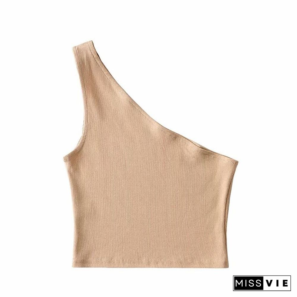 One Shoulder Cropped Tanks Top Women Summer Sleeveless Tanks Camis Sexy Oblique Collar Elastic Corset Slim Crop Tops Tube Lady