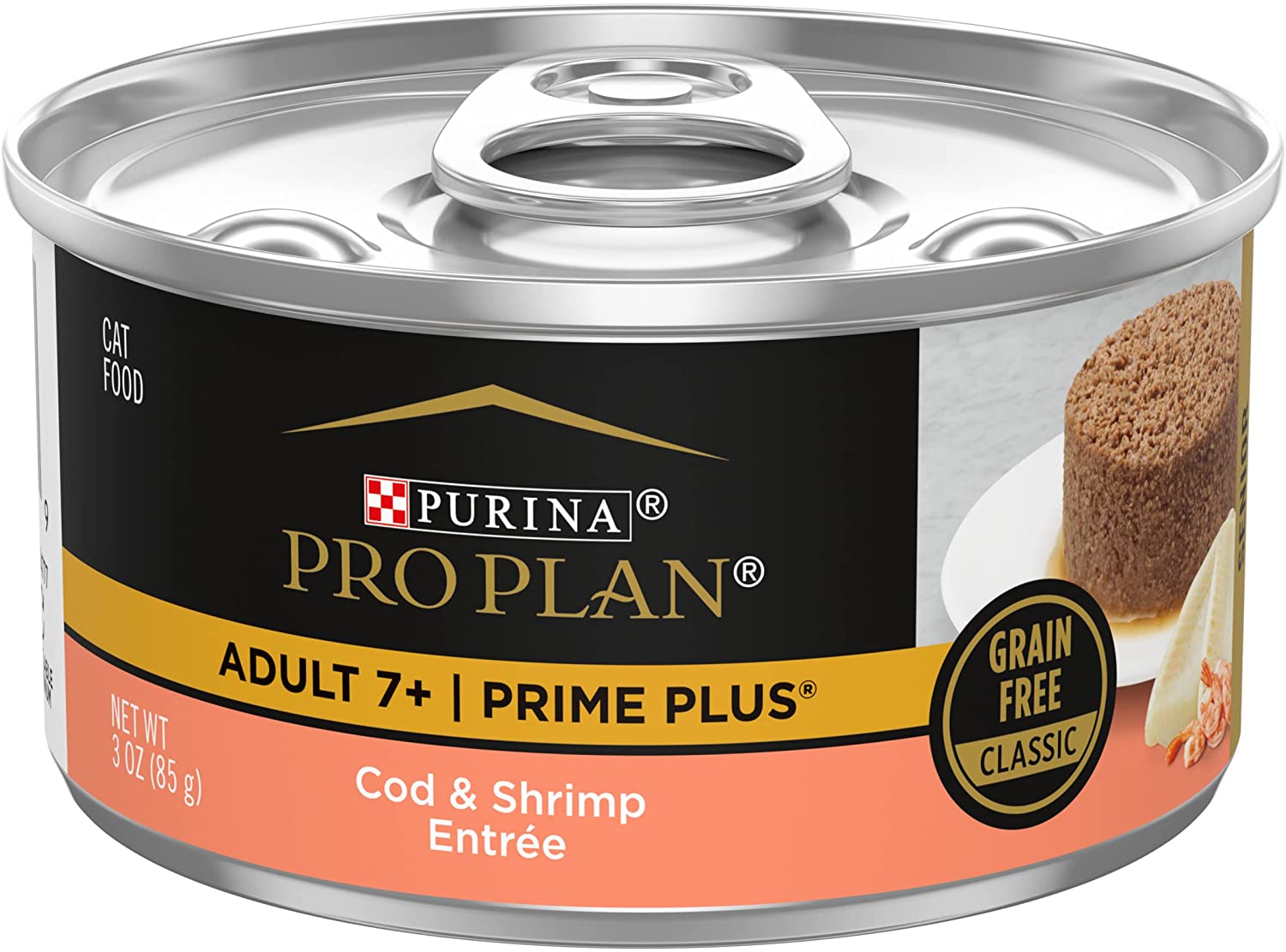 Purina Pro Plan Grain Free Senior Wet Cat Food Pate， SENIOR Prime Plus Cod and Shrimp Entree - (24) 3 oz. Pull-Top Cans