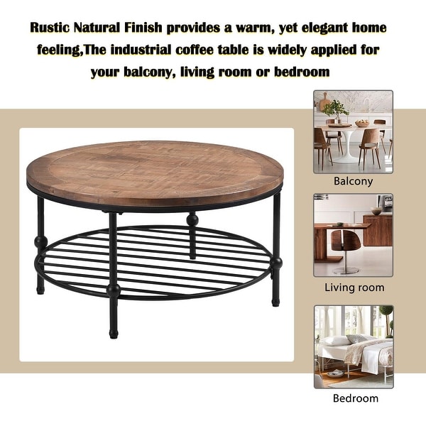 Rustic Natural Round Coffee Table Wood Tabletop and Metal Leg 2 Tier Coffee Table with Storage Shelf for Living Room