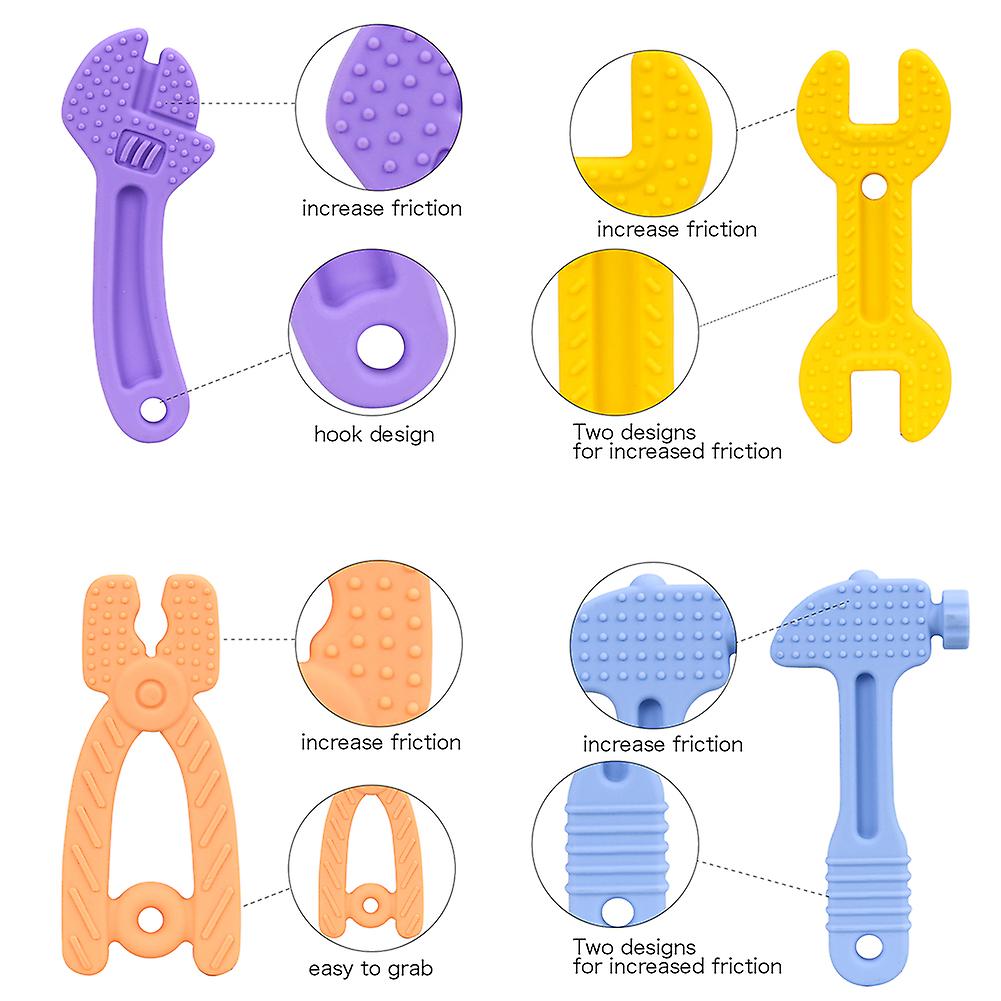 4-pack Baby Molar Teether Hammer Wrench Tool Teether Silicone Teething Toys For Babies 0-6 Months 6-12 Months