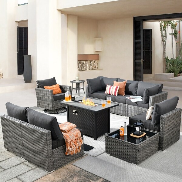 HOOOWOOO 10piece Patio Wicker Furniture Sectional Sofa Set Swivel Rocker with Fire Pit Table