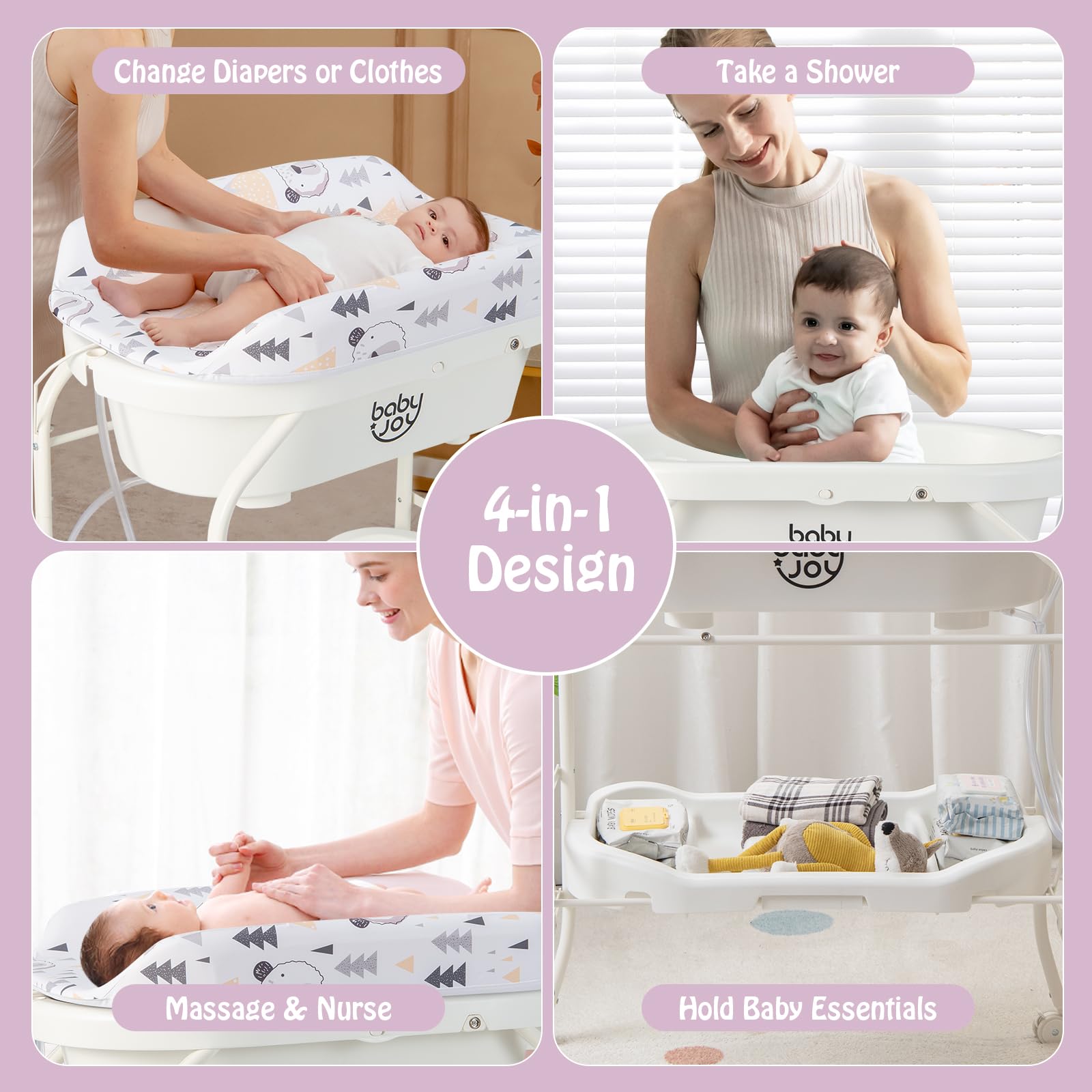 BABY JOY Baby Bathtub with Changing Table, Foldable Infant Diaper Changing Station with Storage Tray